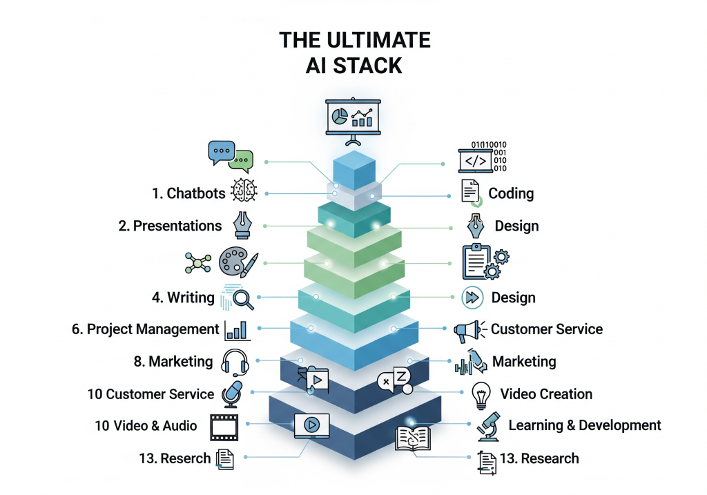 Panduan The Ultimate AI Stack dari AI For Productivity yang menampilkan 13 kategori AI tools terbaik untuk produktivitas.