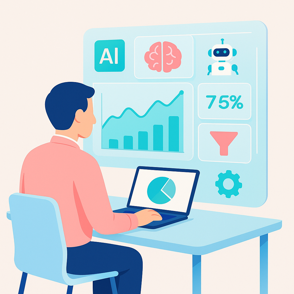 Seorang profesional marketing di Indonesia menggunakan dashboard AI untuk menganalisis data dan menyusun strategi marketing yang efektif.