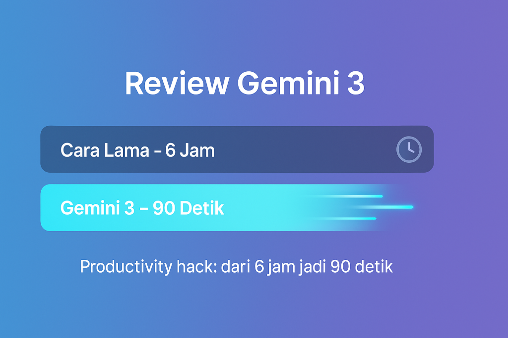 Ilustrasi Review Gemini 3 dengan dua progress bar yang membandingkan cara lama 6 jam dan Gemini 3 90 detik di atas background gradasi biru ungu.