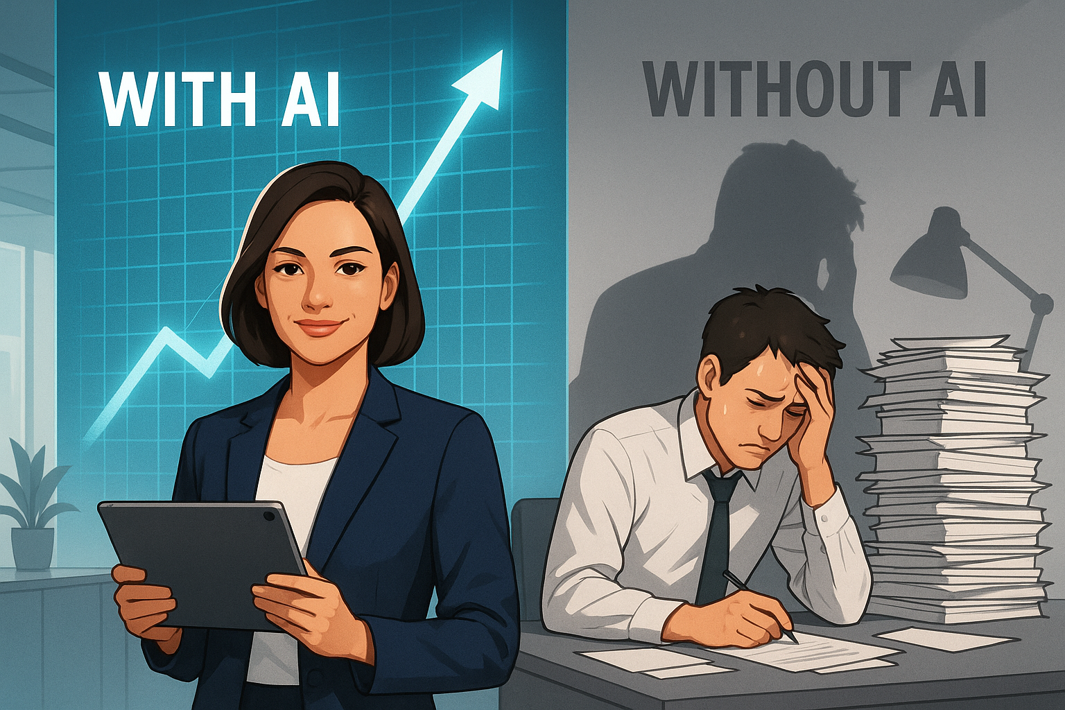 Ilustrasi profesional produktif menggunakan strategi pelatihan AI untuk meningkatkan karir vs cara kerja manual yang stress.