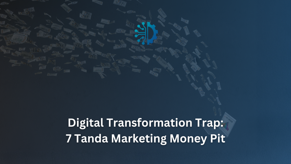 Ilustrasi uang dolar yang tersedot ke dalam pusaran mesin digital, menggambarkan Digital Transformation Trap dan tanda marketing money pit yang menghabiskan anggaran.