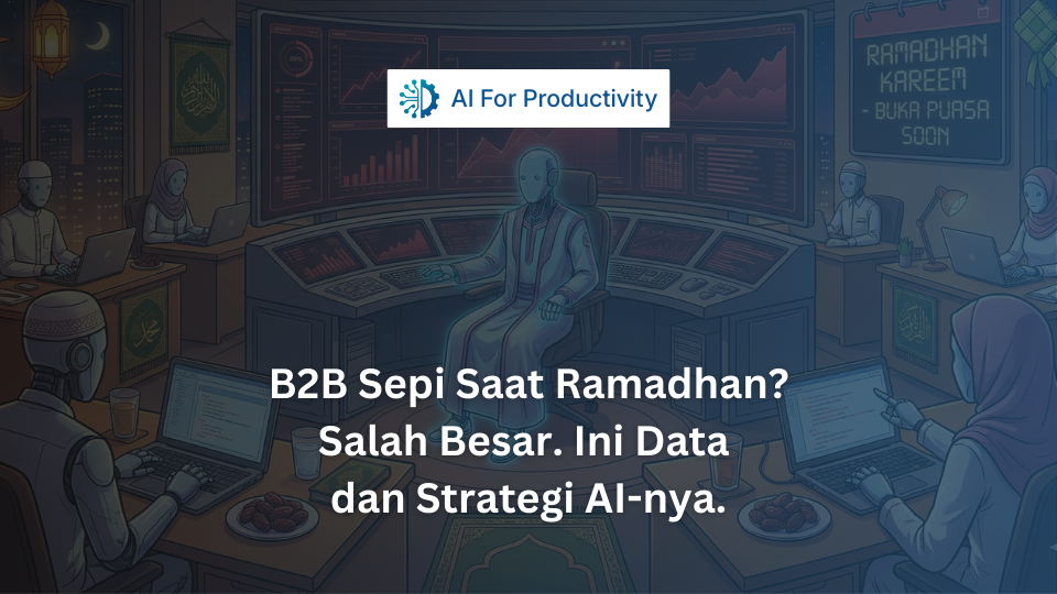 Ilustrasi split-screen membandingkan 'MITOS RAMADHAN' (kantor B2B kosong dan gelap) dengan 'REALITA BACKEND AI' (pusat data server yang aktif dan sibuk, dikelola oleh Agentic AI dan Predictive Analytics) selama bulan Ramadhan.