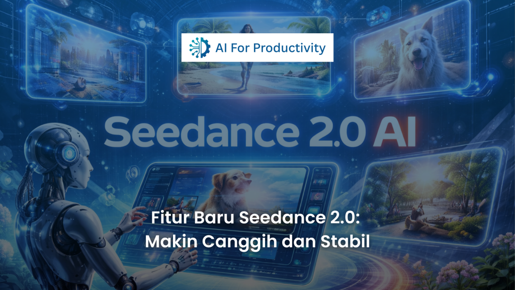 Infografis futuristik Seedance 2.0 AI menampilkan robot humanoid yang sedang mengoperasikan layar digital canggih dengan berbagai cuplikan video hewan dan pemandangan latar belakang biru elektrik