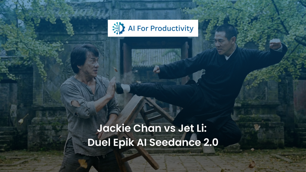 Visualisasi pertarungan Jackie Chan vs Jet Li dalam gaya film kung fu klasik yang dihasilkan oleh Seedance 2.0 AI For Productivity.