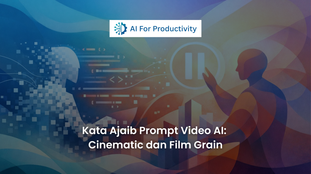 Ilustrasi grafis abstrak yang menampilkan proses pembuatan prompt video AI menggunakan kata kunci seperti Cinematic dan Film Grain pada platform AI For Productivity.