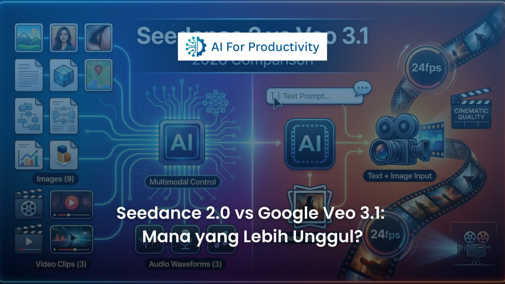 Infografis perbandingan fitur Seedance 2.0 vs Google Veo 3.1 yang menunjukkan keunggulan kontrol multimodal dan audio.