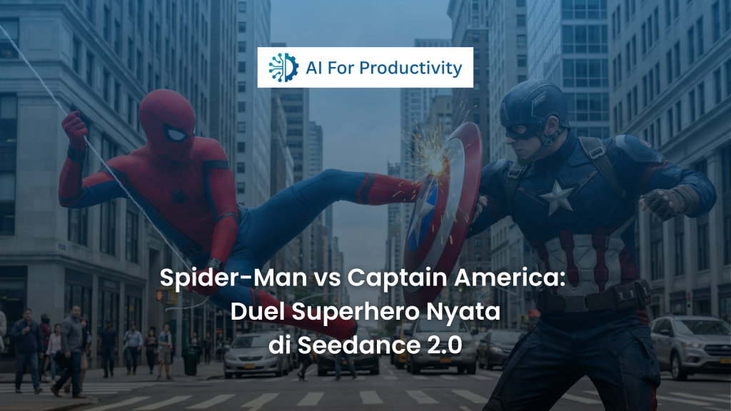 Gambar perbandingan Spider-Man vs Captain America dalam duel jalanan New York yang dihasilkan secara realistis oleh Seedance 2.0 AI For Productivity.