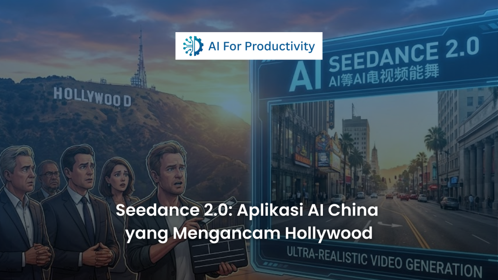 Ilustrasi tokoh Hollywood yang tampak khawatir melihat layar raksasa Seedance 2.0 AI For Productivity yang menampilkan video ultra-realistic generation di latar belakang Hollywood Hills.