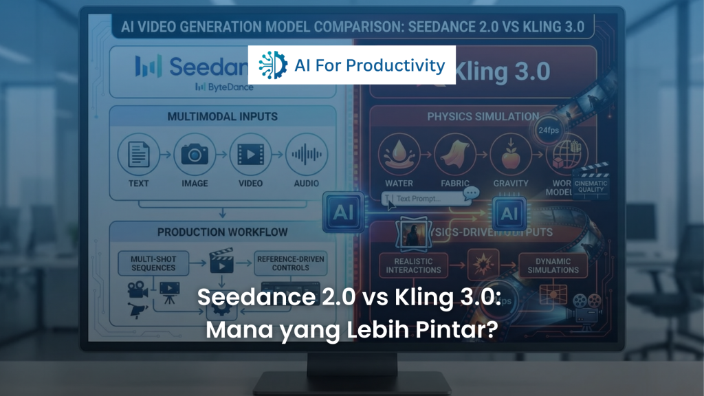 Infografis perbandingan model AI video antara Seedance 2.0 (ByteDance) yang menonjolkan input multimodal dan alur kerja produksi, serta Kling 3.0 yang menonjolkan simulasi fisika dan output berbasis realisme.