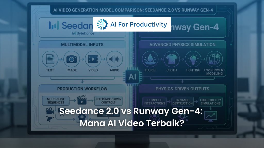 Infografis perbandingan fitur teknis antara Seedance 2.0 dan Runway Gen-4 pada layar monitor di kantor modern AI For Productivity.