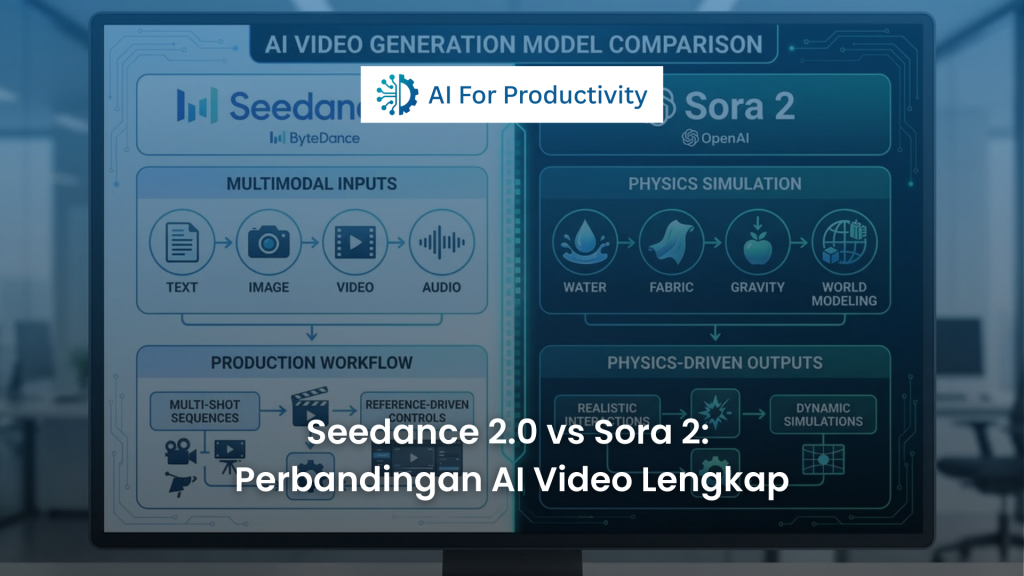 Infografis perbandingan model AI video antara Seedance dari ByteDance dan Sora 2 dari OpenAI, menampilkan alur kerja multimodal dan simulasi fisika pada layar monitor.