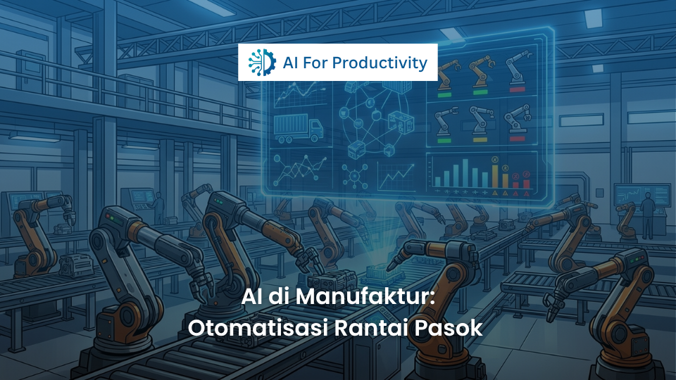Ilustrasi pabrik pintar (smart factory) di mana robot lengan mekanik dan sabuk konveyor diawasi oleh antarmuka Kecerdasan Buatan bercahaya biru.