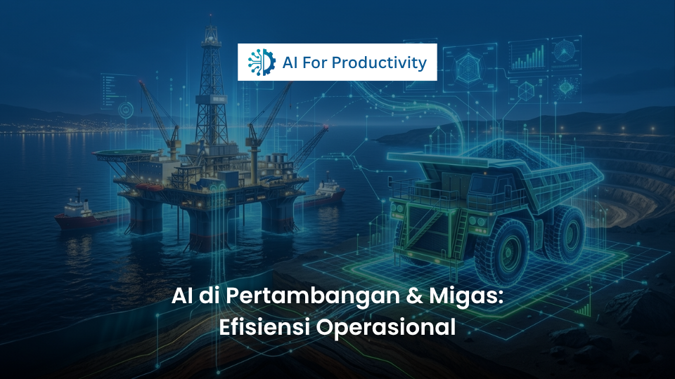 Ilustrasi digital rig pengeboran minyak dan alat berat tambang yang dianalisis menggunakan grid holografik Kecerdasan Buatan di malam hari.