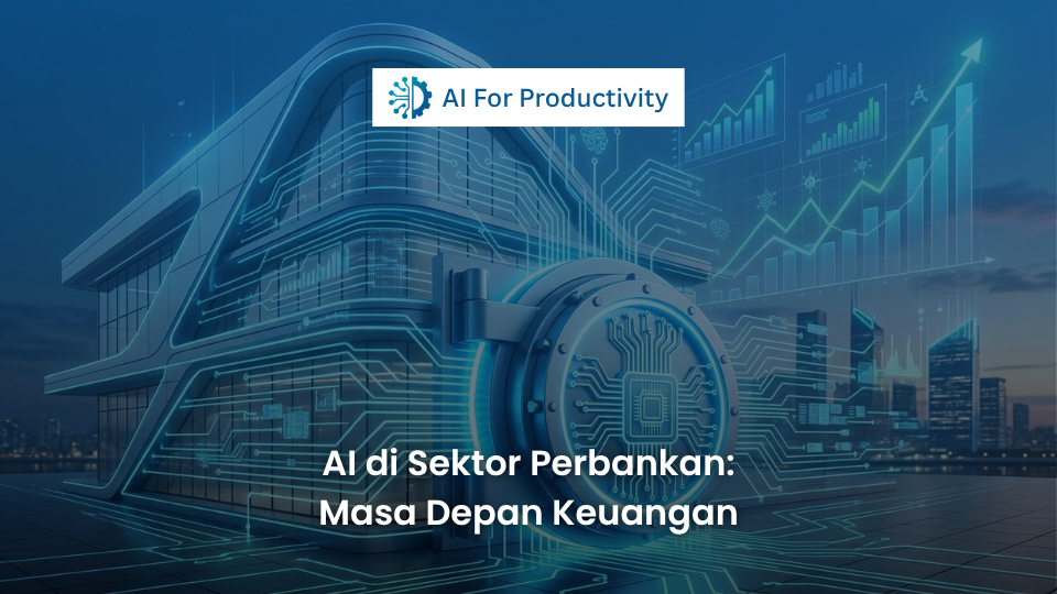Ilustrasi digital yang menunjukkan brankas bank bersinar biru dengan ikon sirkuit AI dan grafik finansial yang melesat naik di latar belakang.