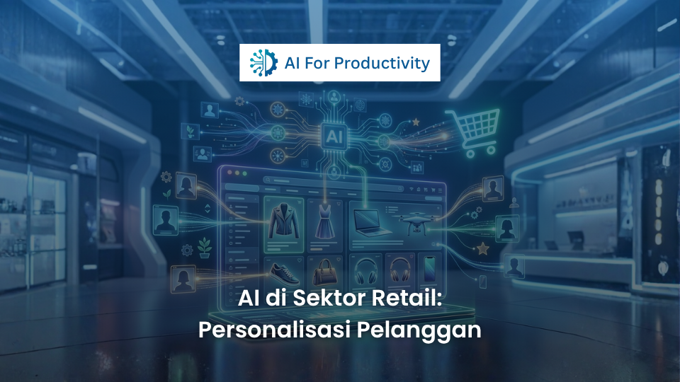 Ilustrasi digital toko e-commerce dengan keranjang belanja yang melayang, dikelilingi oleh node AI yang menganalisis profil dan preferensi pelanggan.