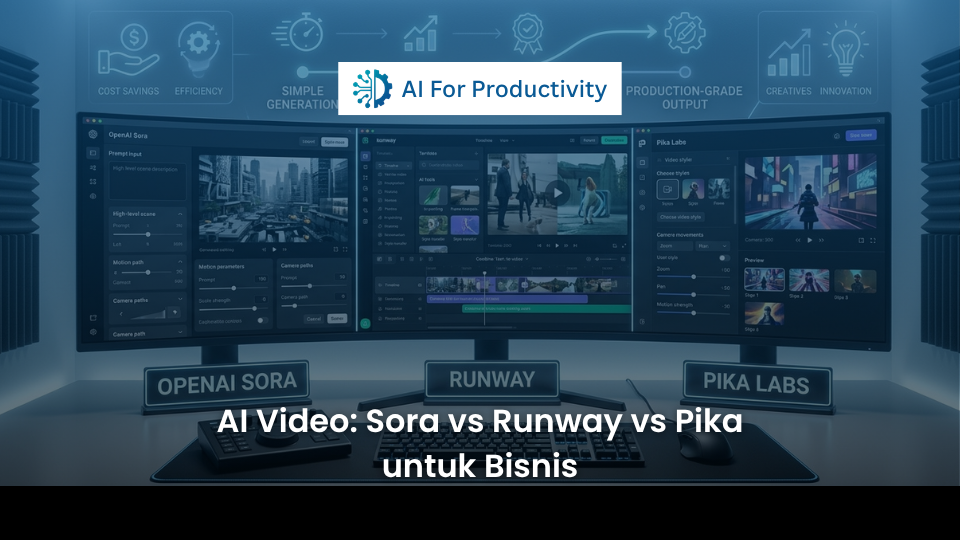 Ilustrasi perbandingan antarmuka tiga platform AI video generator yaitu Sora, Runway, dan Pika dalam memproduksi video sinematik korporat.
