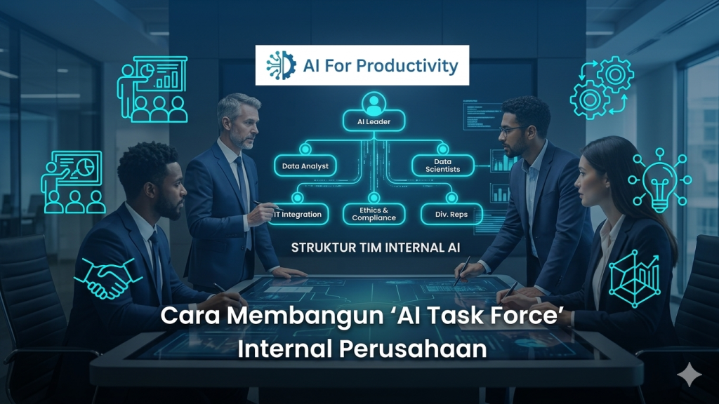 Sekelompok eksekutif berdiskusi di meja rapat dengan antarmuka digital yang menampilkan struktur organisasi tim AI Task Force.