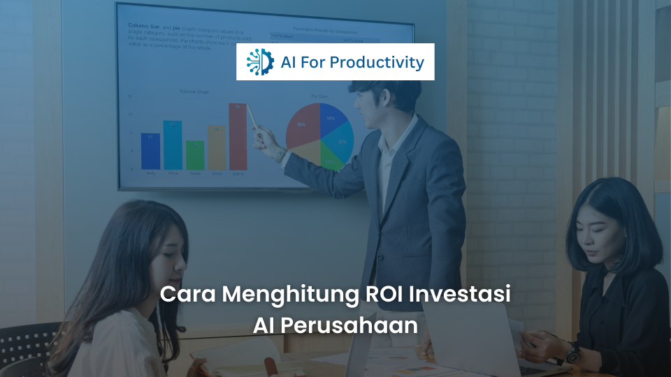 CFO dan dewan direksi menganalisis grafik pertumbuhan ROI yang meroket berkat adopsi teknologi AI di layar besar ruang rapat, dengan teks judul artikel 'Cara Menghitung ROI Investasi AI Perusahaan' di bagian bawah.