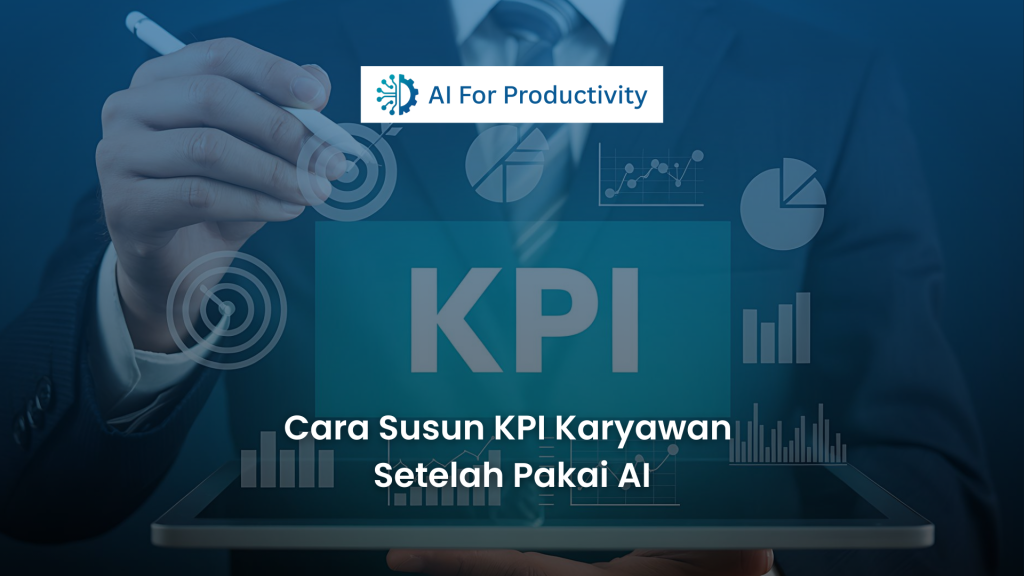 Seorang pria mengenakan setelan jas memegang tablet yang menampilkan grafik KPI dan berbagai diagram metrik bisnis seperti target, bagan alur, dan grafik batang.