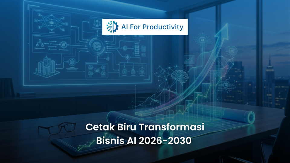 Cetak biru (blueprint) arsitektur bisnis digital yang menyala biru di atas meja eksekutif dengan kacamata dan tablet menampilkan grafik pertumbuhan.