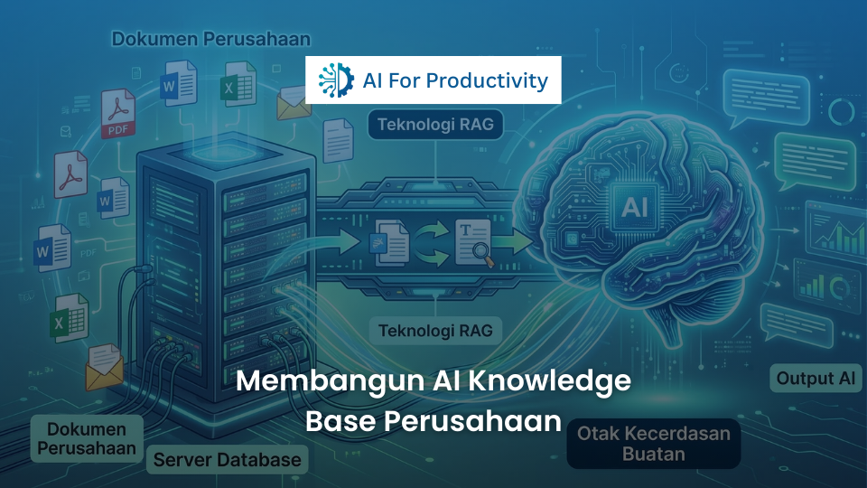 Ilustrasi server database yang memproses dokumen perusahaan dan terhubung ke otak kecerdasan buatan melalui teknologi RAG, dengan judul Membangun AI Knowledge Base Perusahaan.