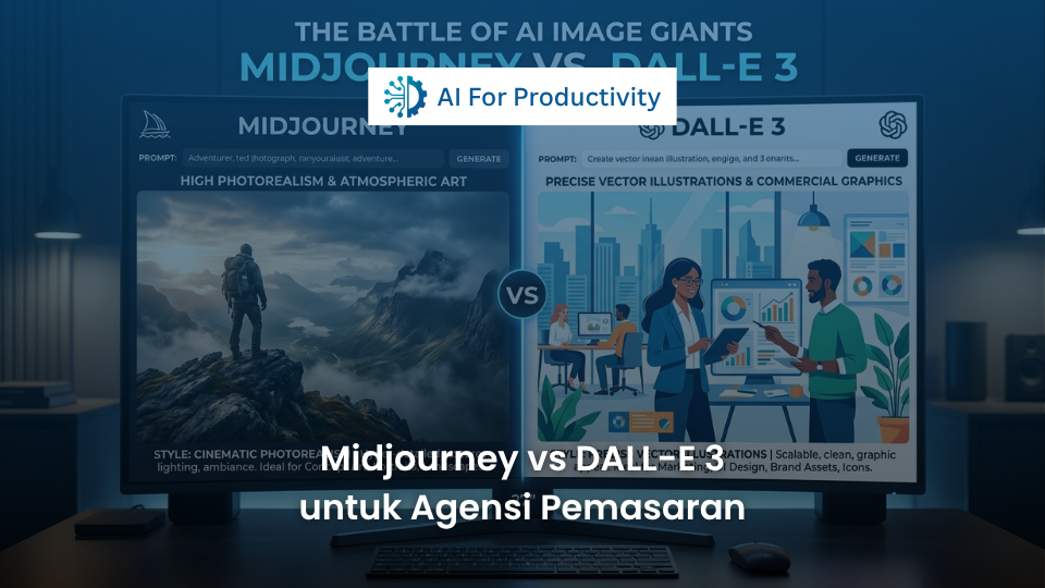 Ilustrasi perbandingan kanvas digital antara gaya lukisan presisi DALL-E 3 dan foto sinematik fotorealistik Midjourney.