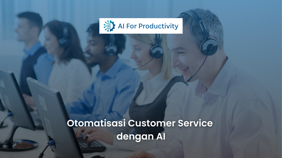 Barisan agen customer service memakai headset dan tersenyum melihat layar komputer, merepresentasikan otomatisasi layanan pelanggan dengan AI.