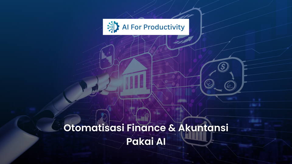 Tangan robot menyentuh layar hologram digital dengan ikon bank, mata uang, dan grafik, merepresentasikan otomatisasi finance dan akuntansi pakai AI.