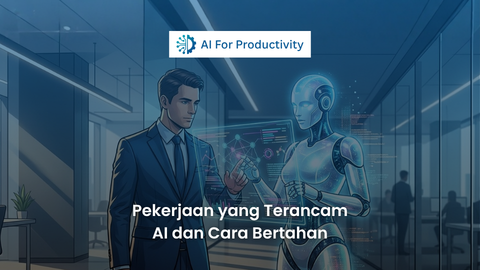 Ilustrasi perbandingan antara pekerja kantoran manusia yang memegang koper dan robot AI bercahaya yang berdiri berdampingan di koridor perkantoran.