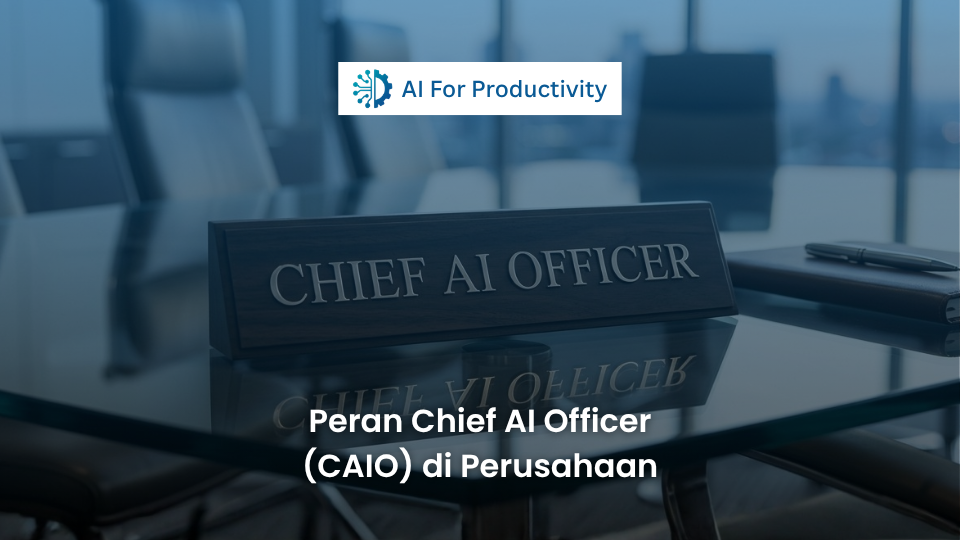 Papan nama meja kayu eksekutif bertuliskan 'Chief AI Officer' di ruang rapat dewan direksi perusahaan modern.