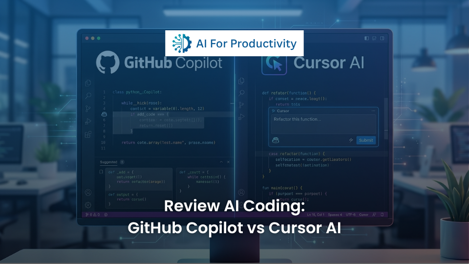 Ilustrasi perbandingan antarmuka pemrograman (IDE) gelap antara GitHub Copilot dengan logo GitHub dan Cursor AI dengan logo kursor digital.