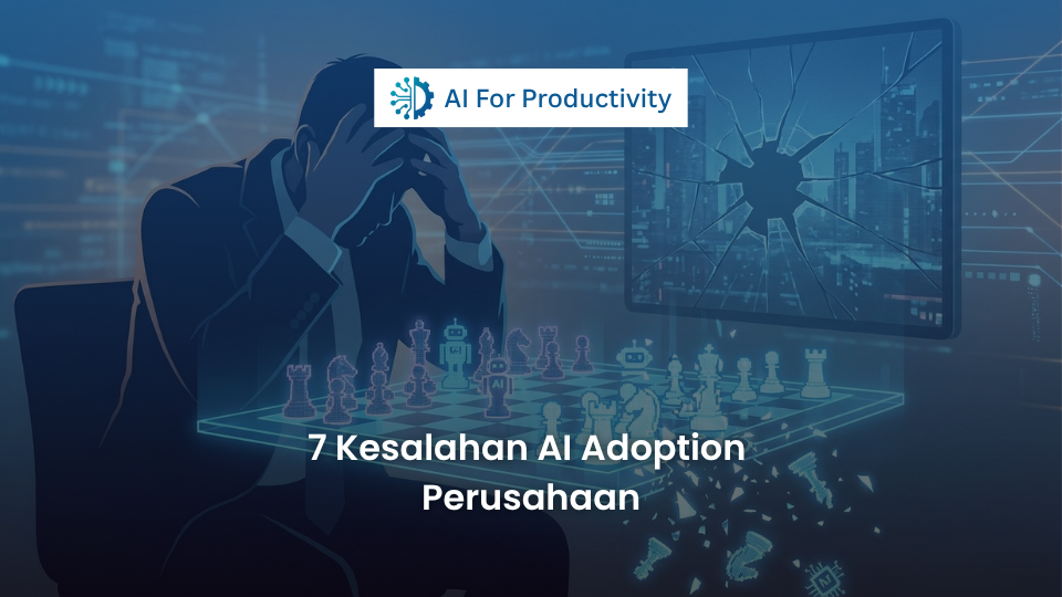 Ilustrasi seorang eksekutif memegang kepala di depan papan catur digital yang menunjukkan bidak-bidak teknologi AI yang berjatuhan.