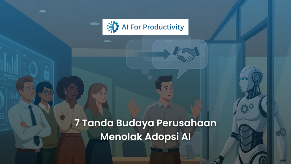 Ilustrasi sekelompok karyawan menolak robot Kecerdasan Buatan masuk ke pintu kantor, sementara seorang pemimpin mencoba memediasi.