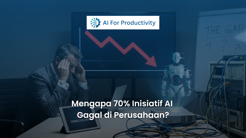 Ilustrasi direktur yang sedang pusing melihat grafik merah penurunan profit di layar hologram, sementara robot AI berdiri pasif di sampingnya.