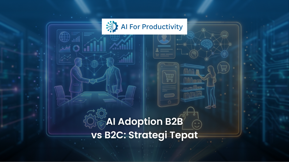 Infografis perbandingan layar hologram: jabat tangan bisnis B2B di satu sisi dan keranjang belanja konsumen B2C di sisi lain.