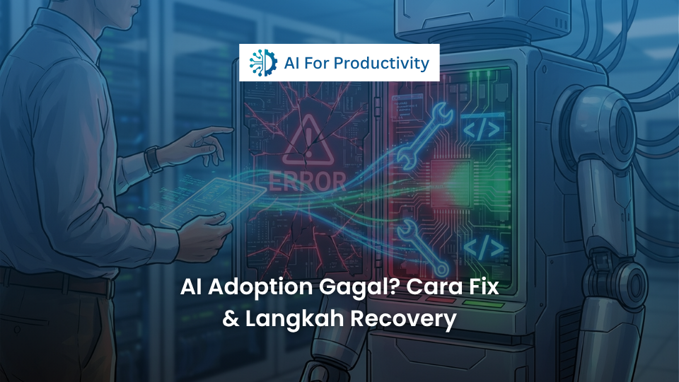 Ilustrasi seorang teknisi memperbaiki sirkuit robot Kecerdasan Buatan yang rusak dengan perkakas digital bercahaya.