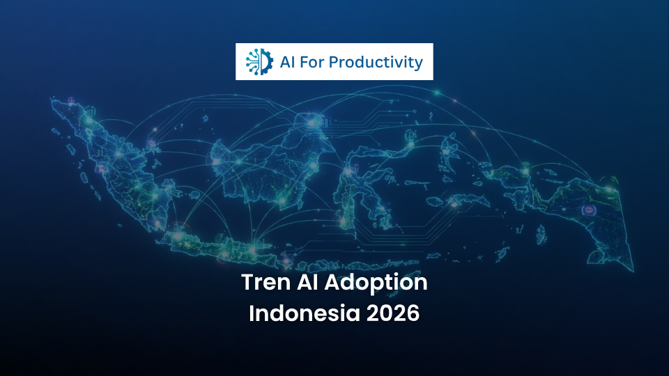 Peta digital Indonesia bersinar dengan titik-titik koneksi Kecerdasan Buatan, melambangkan pertumbuhan adopsi teknologi di nusantara.