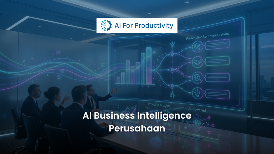 Dasbor Business Intelligence modern yang memancarkan grafik prediktif holografik dan rekomendasi strategi bisnis bertenaga Kecerdasan Buatan.