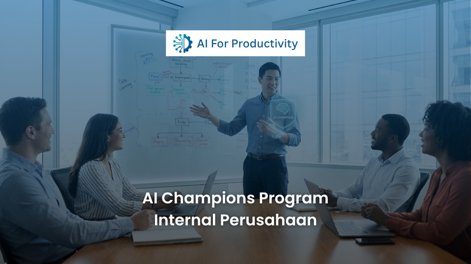 Sekelompok karyawan yang dinobatkan sebagai AI Champions sedang memimpin rapat inovasi teknologi di perusahaan.