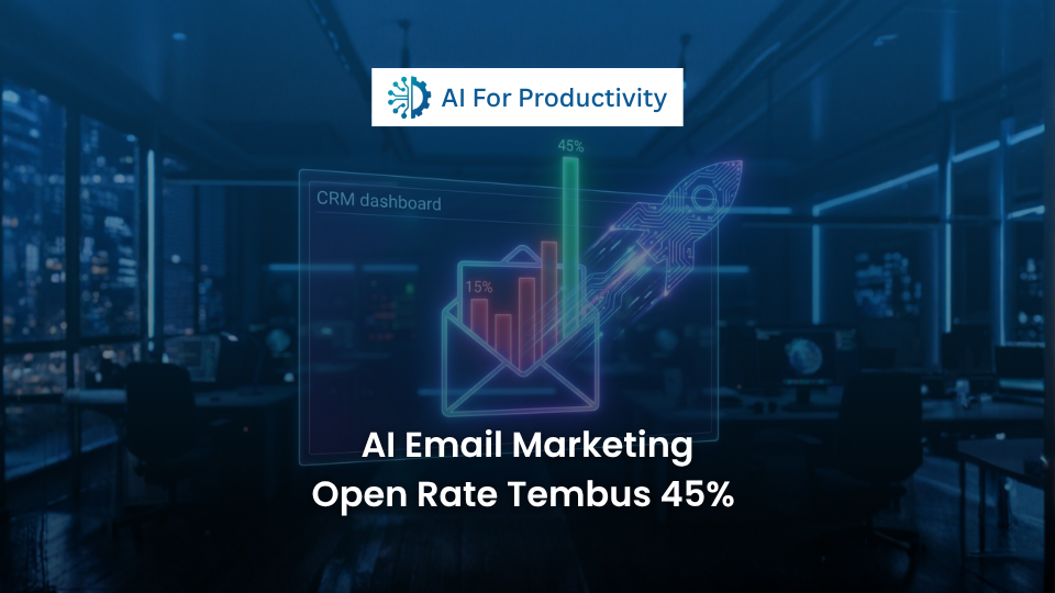 Amplop digital bercahaya neon yang melesat ke atas menembus grafik persentase 45% menggunakan roket AI.
