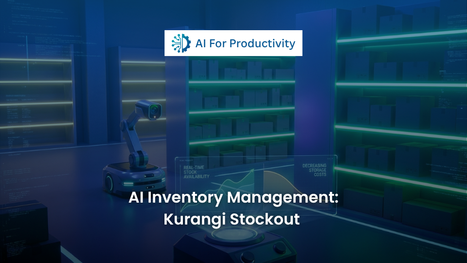 Robot asisten gudang digital yang sedang memindai rak inventaris dan memberikan prediksi ketersediaan stok secara real-time.