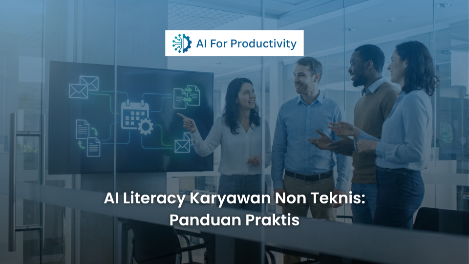 Sekelompok karyawan dari berbagai departemen non-teknis sedang berdiskusi antusias di depan layar yang menampilkan konsep dasar Kecerdasan Buatan.