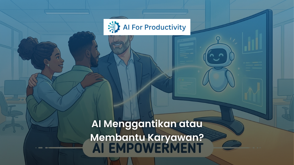 Ilustrasi seorang manajer tersenyum merangkul stafnya di depan layar komputer yang menampilkan asisten Kecerdasan Buatan ramah.