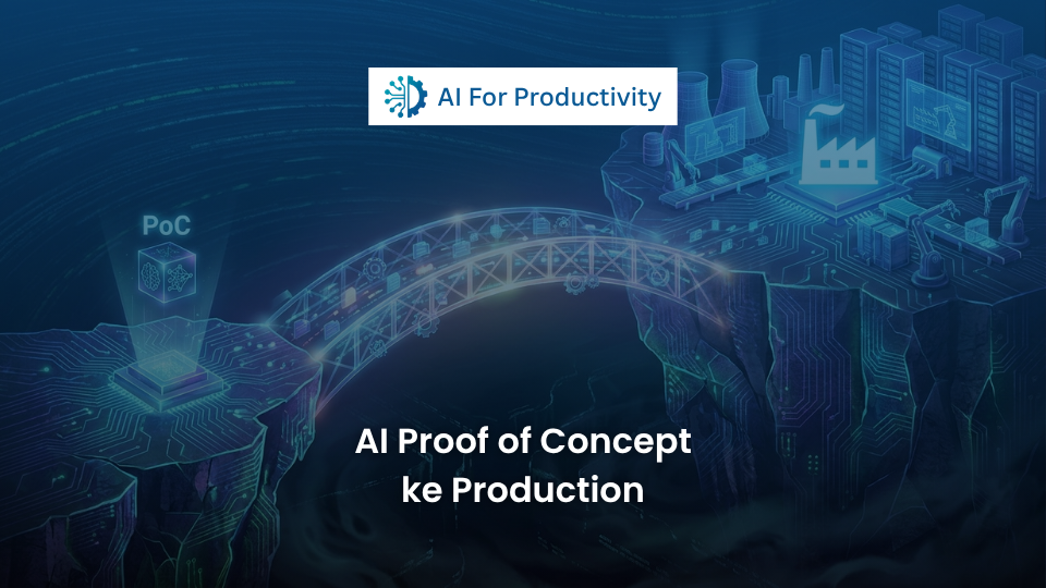 Ilustrasi jembatan digital yang menghubungkan fase prototipe Kecerdasan Buatan menuju pabrik produksi skala penuh.