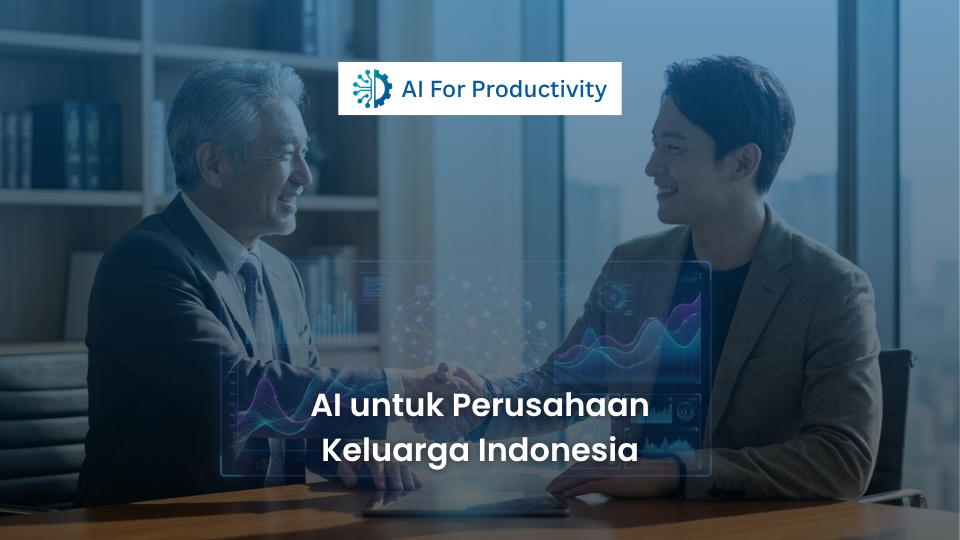 Ilustrasi dua generasi pemimpin perusahaan keluarga berjabat tangan di atas meja yang memproyeksikan data Kecerdasan Buatan holografik.