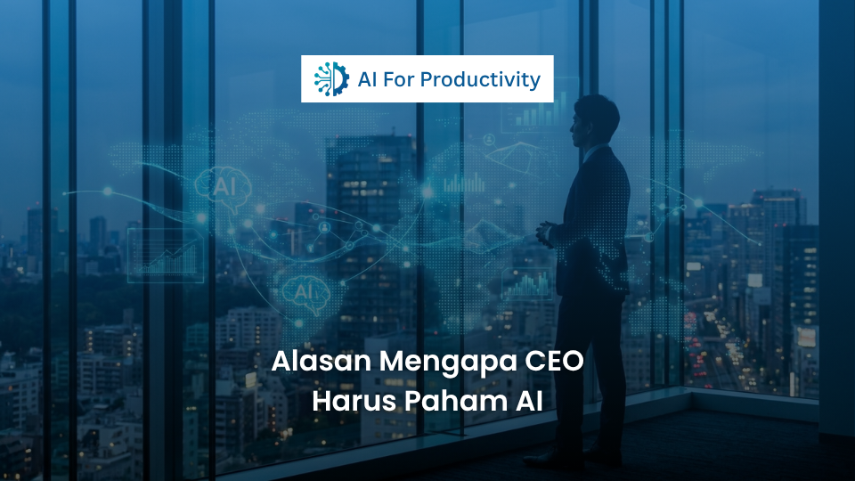 Siluet seorang CEO berdiri menghadap jendela gedung pencakar langit dengan proyeksi data Kecerdasan Buatan holografik di sekitarnya.