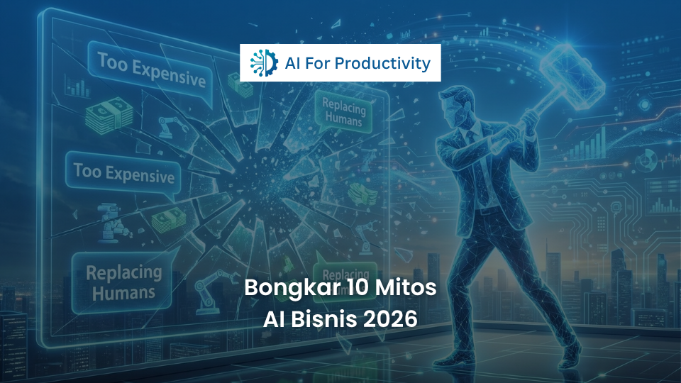 Ilustrasi seorang pemimpin bisnis memecahkan kaca holografik yang berisi teks-teks mitos AI dengan palu digital.