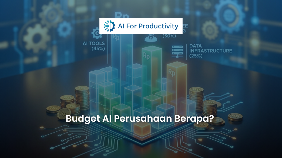 Ilustrasi grafik batang yang menunjukkan alokasi dana untuk tools AI, training karyawan, dan infrastruktur data dengan simbol mata uang Rupiah.