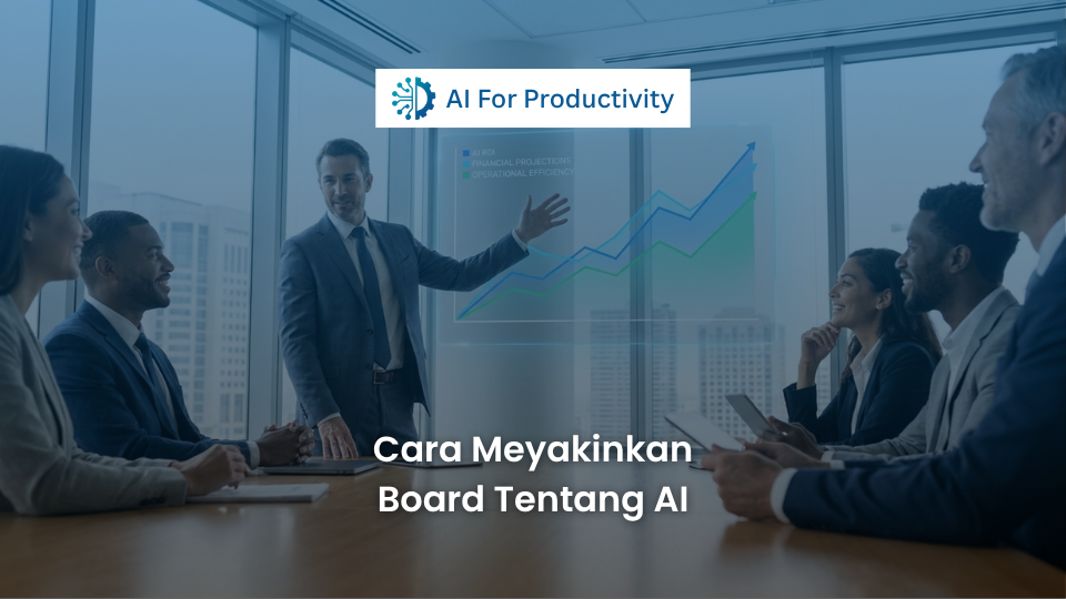 Seorang eksekutif mempresentasikan grafik Return on Investment (ROI) Kecerdasan Buatan kepada para anggota dewan direksi di ruang rapat.