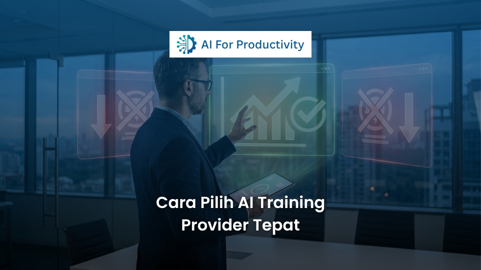 Seorang eksekutif HRD sedang mengevaluasi daftar periksa (checklist) holografik untuk menyeleksi vendor pelatihan Kecerdasan Buatan.